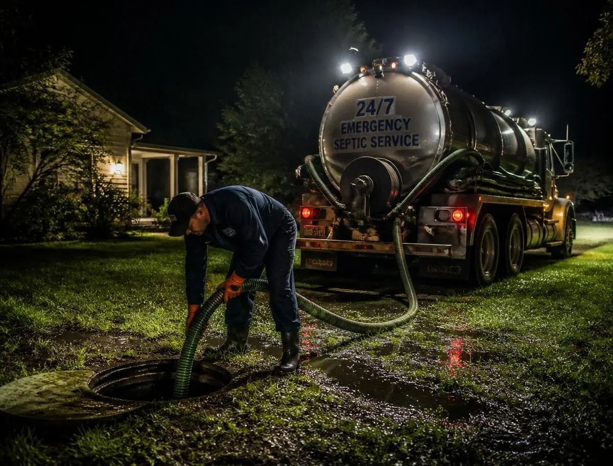 Technician in coveralls guiding a vacuum hose into an open septic tank access on a flooded lawn at night, with the pump truck and its lights behind