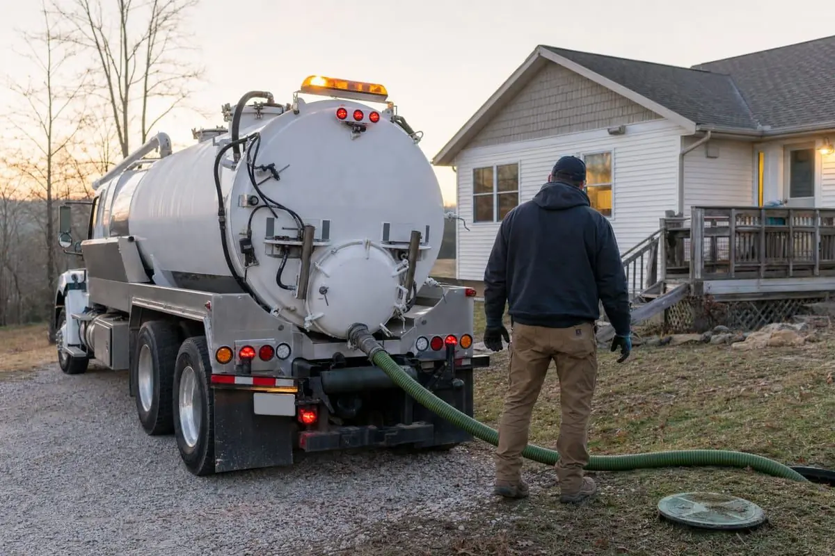 Vacuum truck parked on a gravel driveway with its hose run to an open septic lid beside a rural house