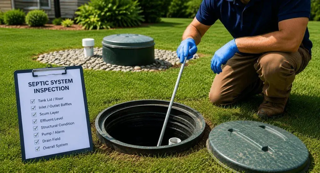 Inspector in blue gloves checking an open septic tank access with a probe, beside a clipboard checklist headed Septic System Inspection and the tank lid set aside on the lawn